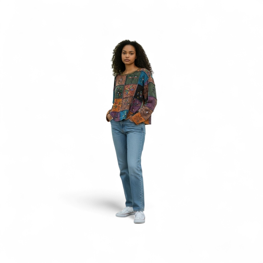 EUC Women's Bohemian Patchwork Top Sm. Pullover Festival Long Sleeves